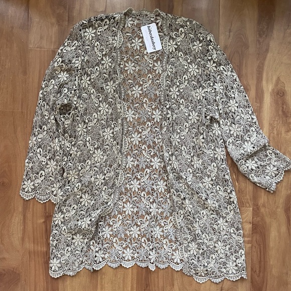 Shimmery Champagne Floral Crochet Long Sleeve Fancy Cardigan - Picture 2 of 6